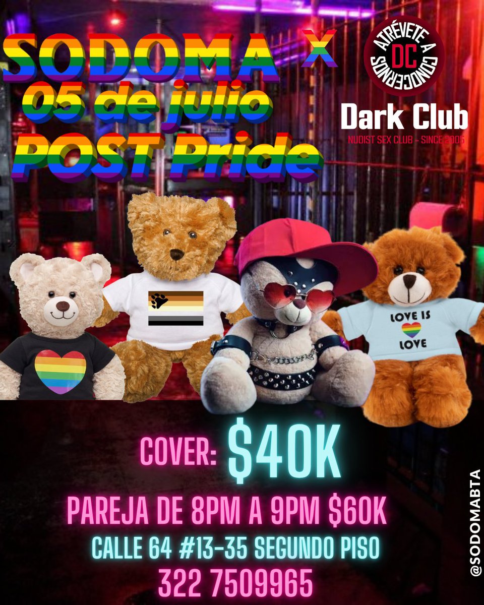 🔥sodoma🔥 (@sodomabta) on Twitter photo Recuerden nuestra cita este 05 de julio para celebrar nuestro post pride 🐻😈🌈🐼 una noche llena de lujuria como siempre en SODOMA nos vemos en <a href="/DarkClub24/">DARK CLUB BAR</a> <a href="/Dark_club_2005/">DARK CLUB Bogotá</a> !
Info: wa.me/573227509965 Recuerden nuestra cita este 05 de julio para celebrar nuestro post pride 🐻😈🌈🐼 una noche llena de lujuria como siempre en SODOMA nos vemos en <a href="/DarkClub24/">DARK CLUB BAR</a> <a href="/Dark_club_2005/">DARK CLUB Bogotá</a> !
Info: wa.me/573227509965