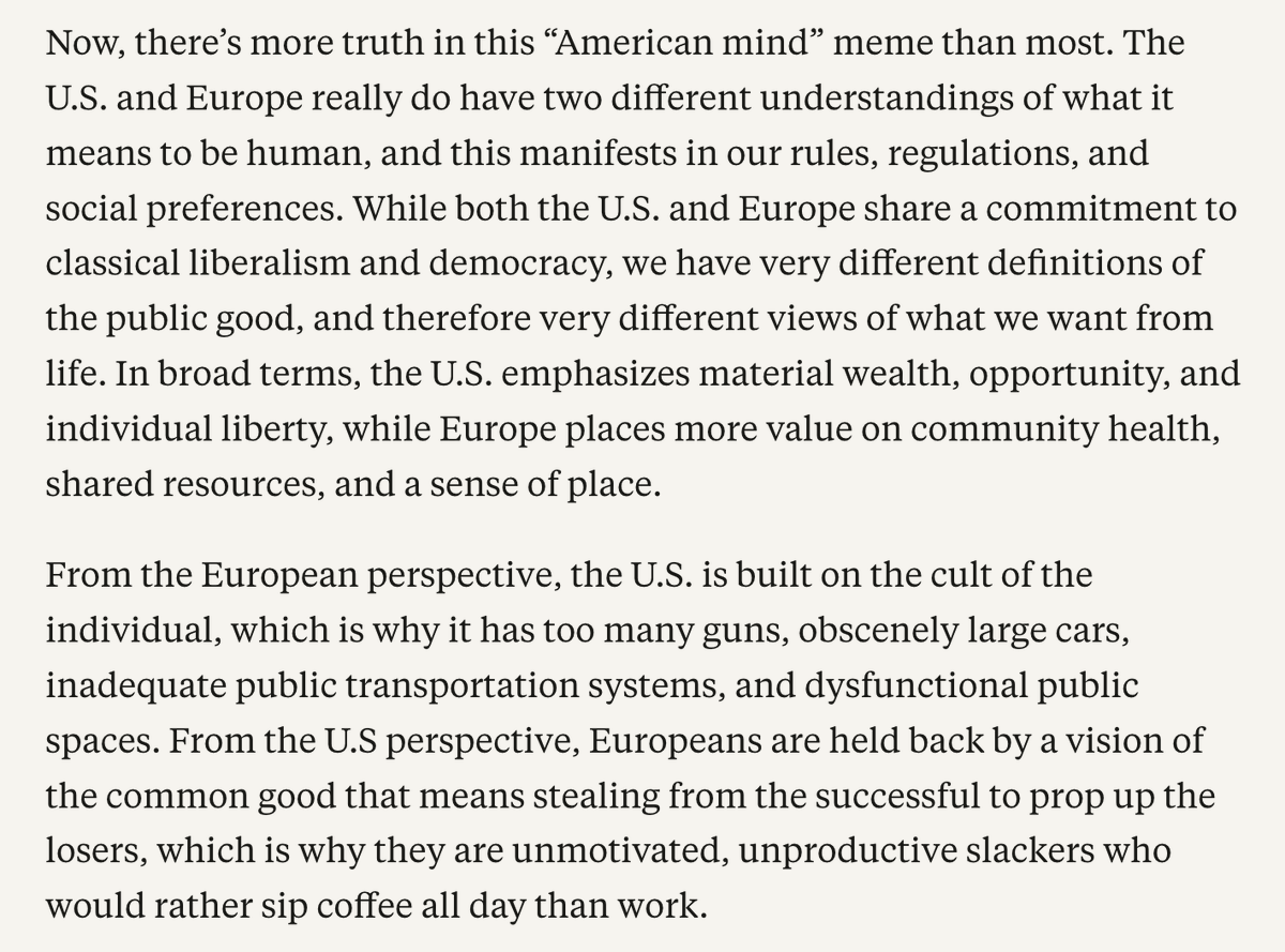 dollarsanddata's tweet photo. The best summary I've seen on the cultural differences between the U.S. and Europe

(from @Chris_arnade) https://t.co/R8LBCRZ6nM