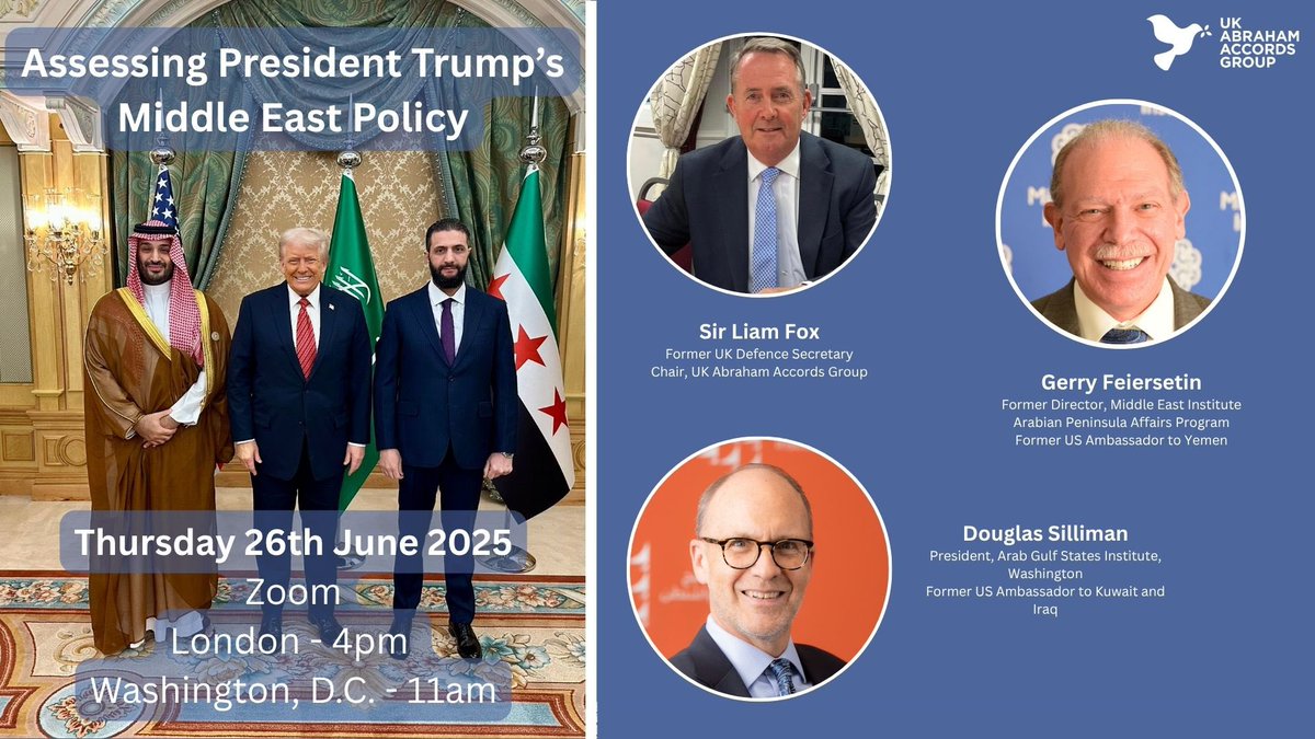 LiamFox's tweet image. Join us in 1 hour (4pm UK time) for a discussion with former US Ambassadors @DougSilliman of @GulfStatesInst and Gerry Feierstein to discuss President Trump’s Middle East policy👇
us06web.zoom.us/webinar/regist…