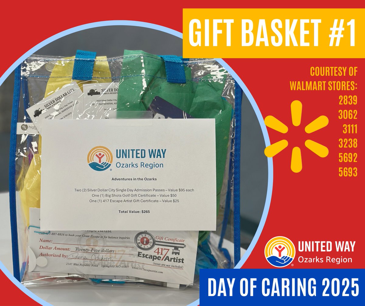 Congratulations to the winner of our Day of Caring Gift Basket 1 with a total value of $265, Anna Landis!

A big United Way thank you goes to local Walmart stores (see photo) for generously donating these items! 

#417DayofCaring #UnitedistheWay #walmart
