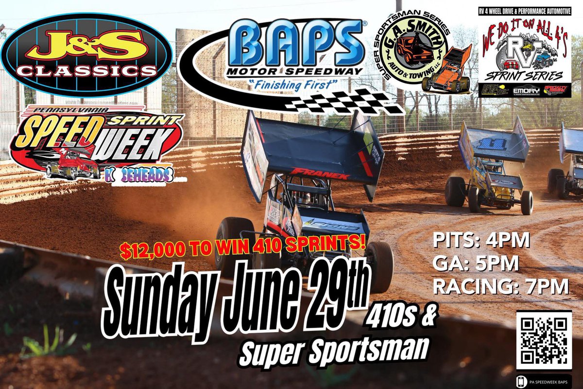 ‼️ Wanna win 2 free grandstand tickets to this Sundays sprint car race! Retweet this post for a chance to win! ‼️ 

Drawing is at 9pm tonight! ‼️ 

 J&amp;S Classic Presents PA Speed week and $12,000 to win !! 

🗓️ Sunday June 29
🏎️ 410 Sprint Cars &amp; Super Sportsman 
⏰ Racing at 7PM