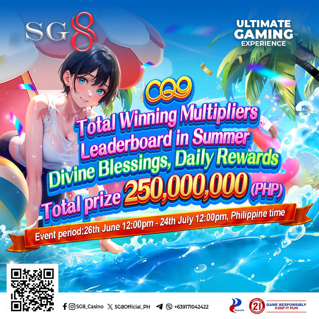 SG8Official_PH's tweet photo. 🌊 CQ9 Summer Divine Blessings is here 🤩 Salihan ang Daily Tournaments and win from the massive ₱250,000,000 prize pool 
🎮 Play any approved CQ9 games 📈 Umangat sa Total Winning Multipliers Leaderboard 🏅 4,000 winners araw-araw kaya the higher your winning multiplier, the higher your rank
Promo runs from June 26 to July 24, 2025 Game na sa CQ9 at simulan na ang laban! >>> https://t.co/kvVp7bWFcz #sg8casino #kaotcho #CQ9 #tournament