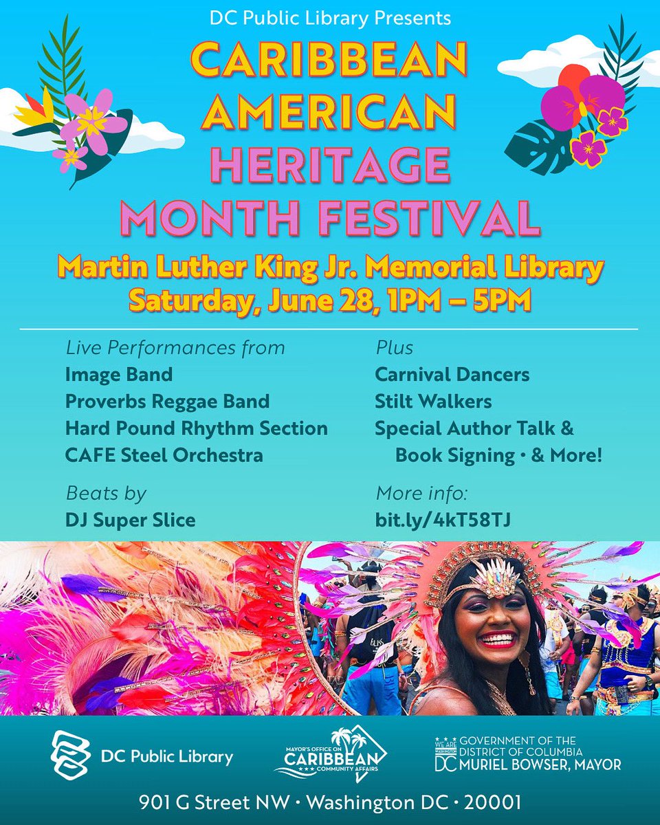 MOCCADC's tweet image. 🌴 Feel the rhythm & taste the flavor! Celebrate Caribbean American Heritage Month with us this Saturday, June 28, 1-5PM at MLK Jr. Memorial Library, D.C.!
🎶 Live music, cultural crafts, storytelling & family fun. Join the joy & honor the culture! 💃🏽🕺🏽 #CaribbeanHeritage