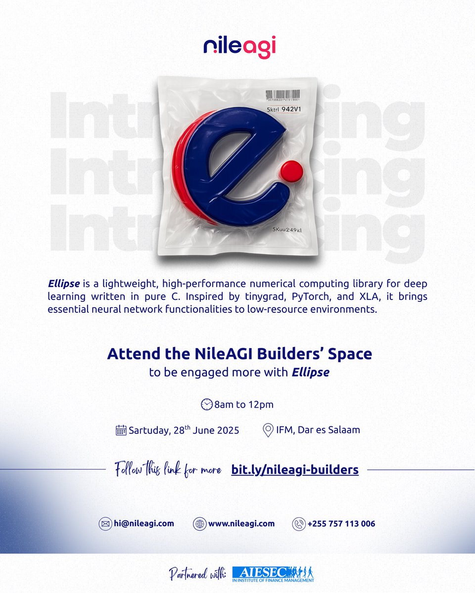 Don’t miss out! 

Join <a href="/NileAGI/">NileAGI</a> Builders’ Space to explore #Ellipse on 28 June 2025 at the Institute of Finance Management. 

Learn more at: lnkd.in/exYZkYSm

Spaces are limited, register now to secure your spot! 

#NileAGI #BuildersSpace