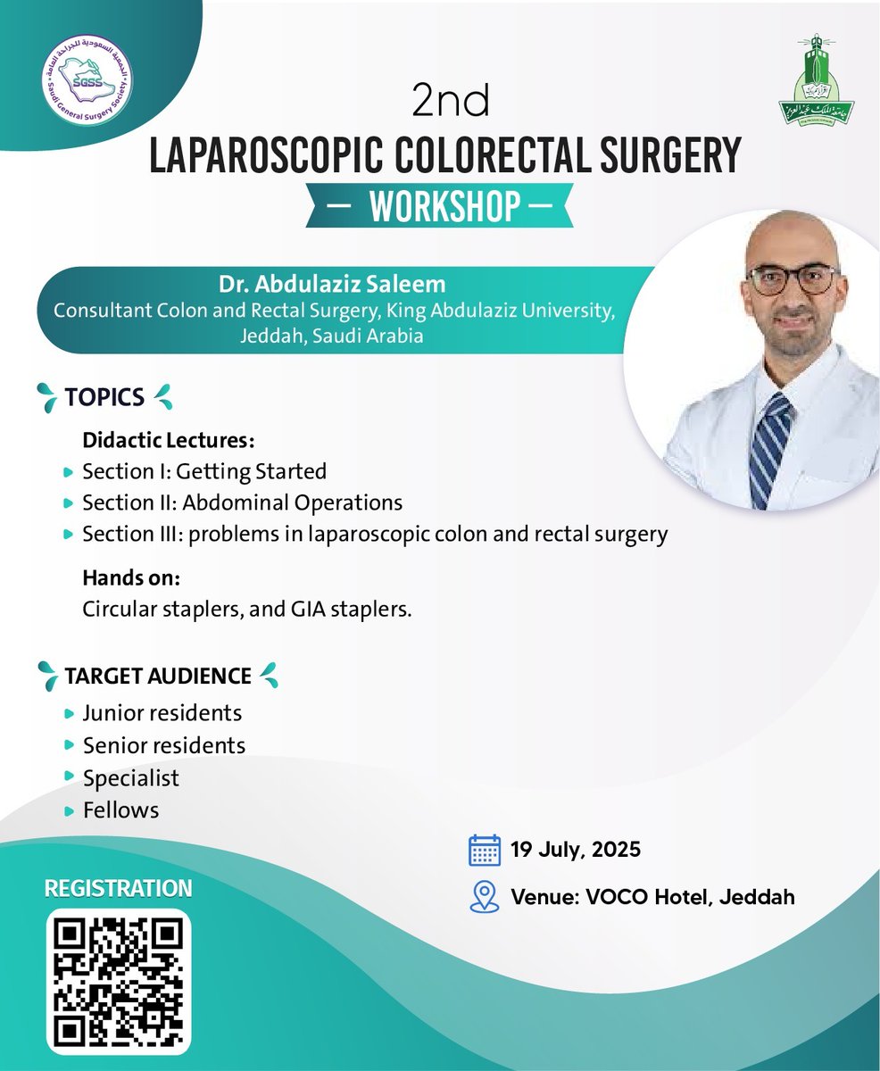SGSS_KSA's tweet image. Register now for the 2nd Laparoscopic Colorectal Surgery Workshop
Jeddah, July 19th,2025
docs.google.com/forms/d/e/1FAI…
@AbdulazizSaleem