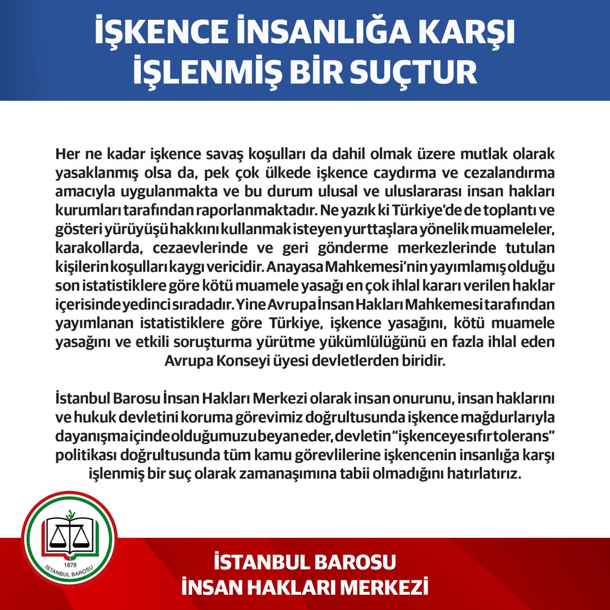 26 Haziran İşkenceye Karşı Mücadele ve İşkence Görenlerle Dayanışma Günü’ne binaen yaptığımız açıklamayı kamuoyunun dikkatine sunarız.    

İşkence insanlık suçudur ve işkence suçunda zamanaşımı yoktur!