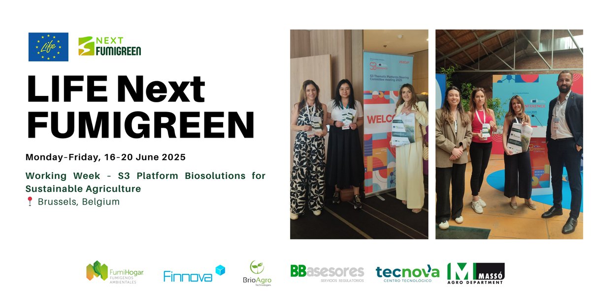 LNextfumigreen's tweet image. 🌿 @CTTecnova represented #LIFENextFUMIGREEN in Brussels during the S3 Biosolutions week (June 16–20), joining Wagralim & @CTAndaluciaENG to promote sustainable agri-innovation.
💶 €2.75M @LIFEprogramme on natural biopesticides.
🔗 lifefumigreen.finnova.eu
#EUGreenDeal