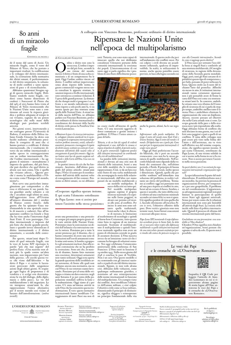 GuGallone's tweet image. L’Onu ha ancora senso oggi? Ne parlo su @oss_romano con il professor Vincenzo Buonomo, a ottant’anni dalla nascita delle Nazioni Unite.
osservatoreromano.va/it/news/2025-0…