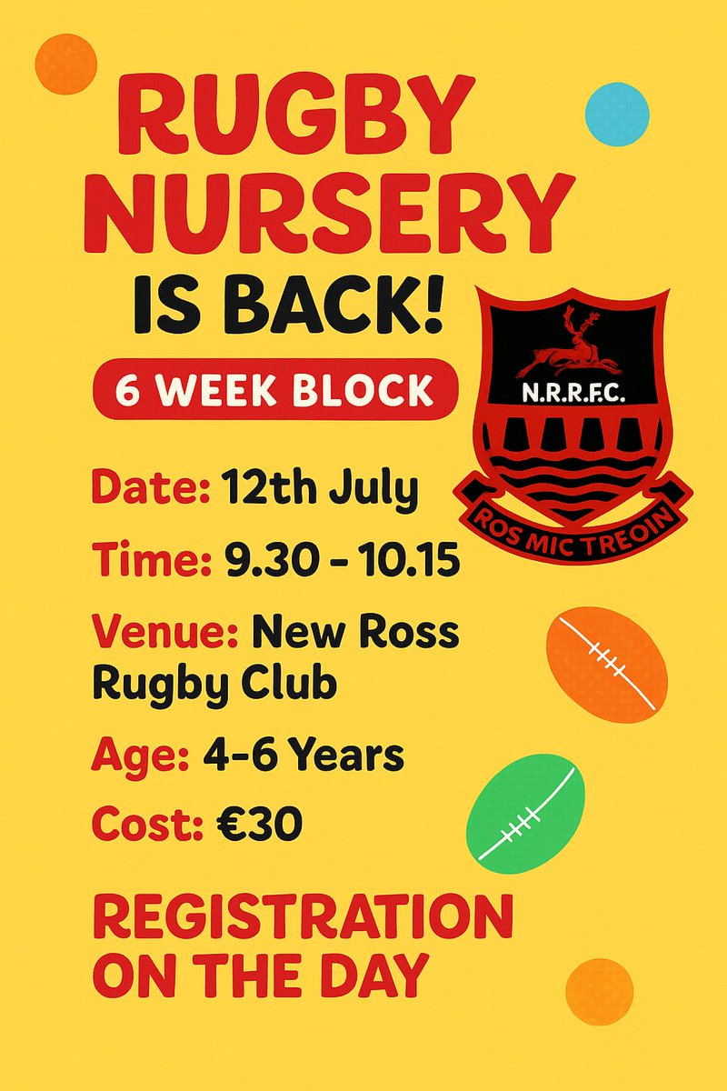 🏉 Rugby Nursery 🏉

Introduce your 4-6 year old to a new sport in welcoming environment?

Why not give New Ross RFC's Rugby Nursery a try?

Starting July 12th for 6 weeks.

🗓 Saturday, July 12th.
🕑 09.30 - 10.15am.
🧒 4-6 year olds.
📍 FBD Park, New Ross.
💵 €30 for 6 weeks.