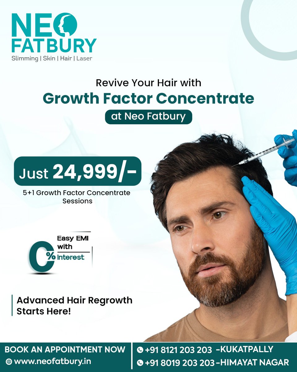 Neofatbury9's tweet photo. Say Hello to Hair Regrowth! Revive thinning hair with Growth Factor Concentrate at Neo Fatbury 💆‍♂️

✨ Get 5+1 Sessions for just ₹24,999/-
💳 Easy EMI Options | 0% Interest
📍 Kukatpally | Himayat Nagar
.
.
.
Why wait? Advanced hair regrowth starts right here, right now! https://t.co/KeQCNcPtSD