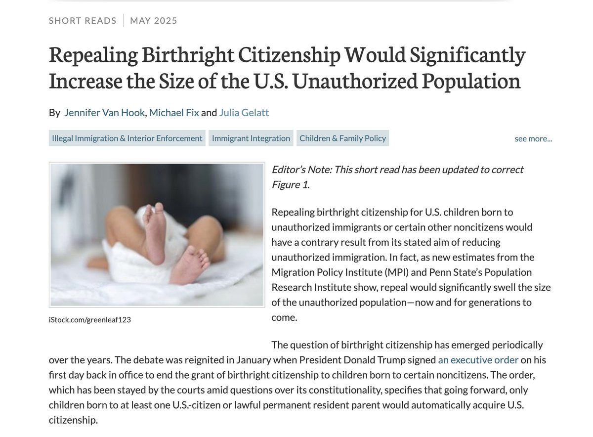 Anticipating the Supreme Court's ruling on birthright citizenship &amp; nationwide injunctions, I wanted to share out again <a href="/J_Gelatt/">@juliagelatt.bsky.social</a>'s work:

Repealing Birthright Citizenship Would Significantly Increase the Size of the US Unauthorized Population

Link below