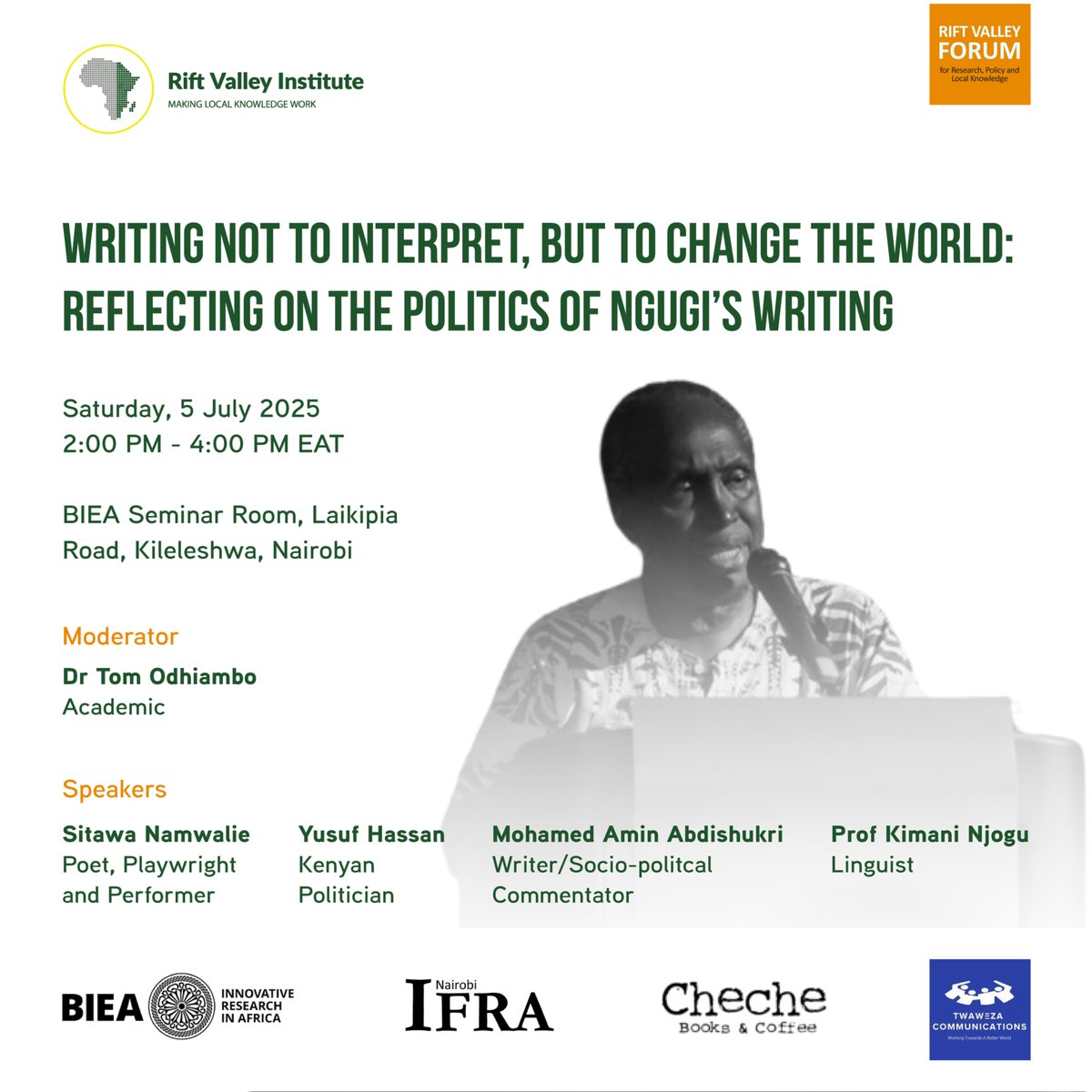 Join us on 5 July, 2.00–4.00pm EAT, for a Rift Valley Forum hybrid event reflecting on the politics of Ngugi wa Thiong’o’s writing and his legacy as a literary and political force in Kenya and beyond.