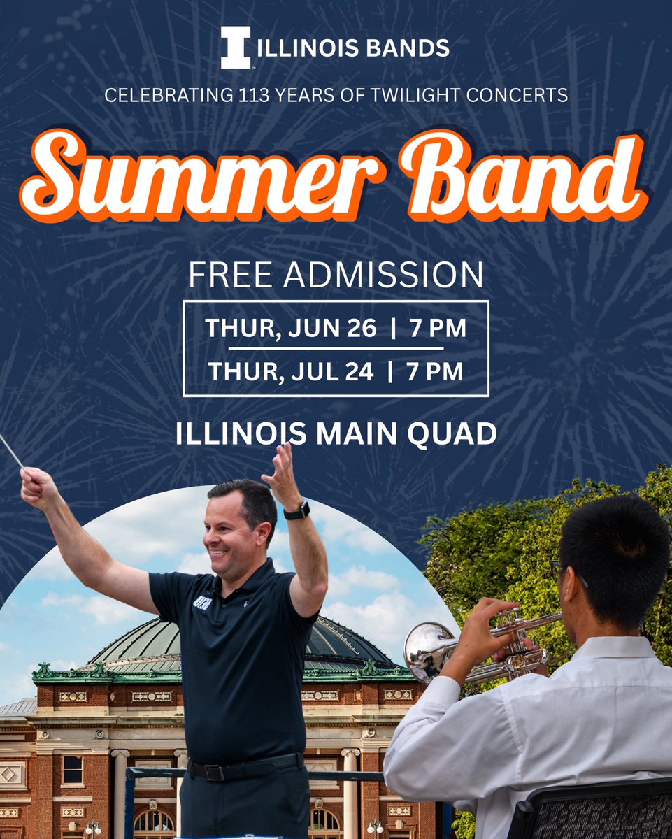🎇We are back on the Quad! Join us tonight at 7pm in front of the Illini Union. Bring a blanket or lawn chair and enjoy the sounds of the Illinois Summer Band. 113 years of Twilight Concerts on the Quad!

#summerband | #illinoisloyalty | #livemusic