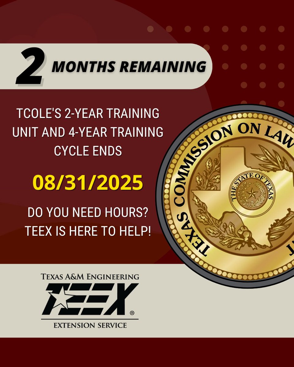 REMINDER: The clock is ticking for licensed peace officers to fulfill their TCOLE training requirements! TEEX offers TCOLE required courses as well as a variety of continuing education courses for law enforcement personnel. View our course offerings here: teex.org/law