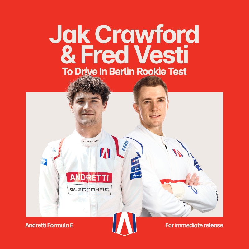 AndrettiFE's tweet photo. NEWS! 📰 @frederik_vesti joins our Reserve and Development driver Jak Crawford to form our driver line-up for the @FIAFormulaE Berlin Rookie Test next month.
