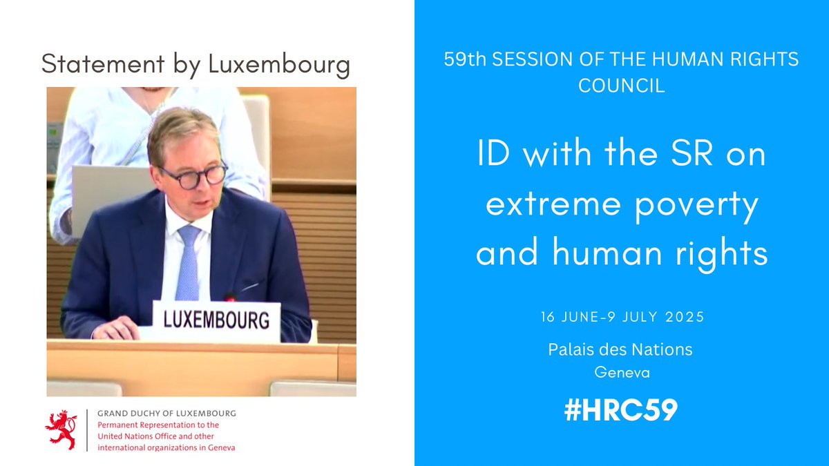 At #HRC59 ID with <a href="/srpoverty/">UN Special Rapporteur on poverty and human rights</a>, #Luxembourg🇱🇺 stresses that climate action must place #HumanRights at its core, especially for the most vulnerable. 🇱🇺 highlights its support to SIDS &amp; LDCs and its use of innovative finance tools like drought-related cat bonds.