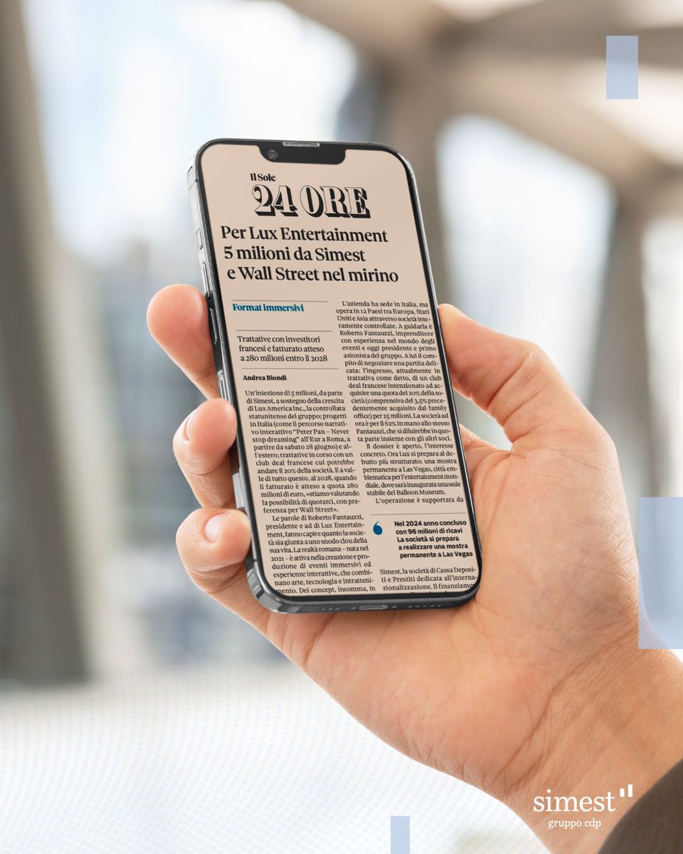 SIMEST (@simest_it) on Twitter photo SIMEST a fianco di Lux Entertainment per portare l’arte e l’intrattenimento Made in Italy negli USA.
Un investimento da 5 milioni di euro, di cui 2,5 milioni attraverso le risorse di Venture Capital gestite in convenzione con <a href="/ItalyMFA/">Farnesina 🇮🇹</a>, per sostenere la crescita internazionale SIMEST a fianco di Lux Entertainment per portare l’arte e l’intrattenimento Made in Italy negli USA.
Un investimento da 5 milioni di euro, di cui 2,5 milioni attraverso le risorse di Venture Capital gestite in convenzione con <a href="/ItalyMFA/">Farnesina 🇮🇹</a>, per sostenere la crescita internazionale