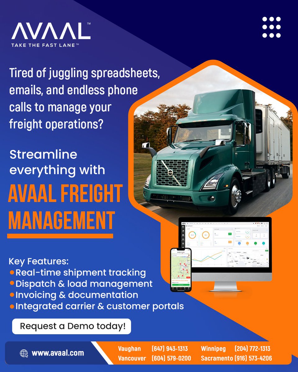 avaaltech's tweet image. Tired of juggling spreadsheets, emails, and endless phone calls to manage your freight operations?
Streamline everything with AVAAL Freight
🌐 avaal.com
#FreightManagement #AvaalFMS #LogisticsSoftware #DispatchSolutions #TruckingTechnology #LoadManagement