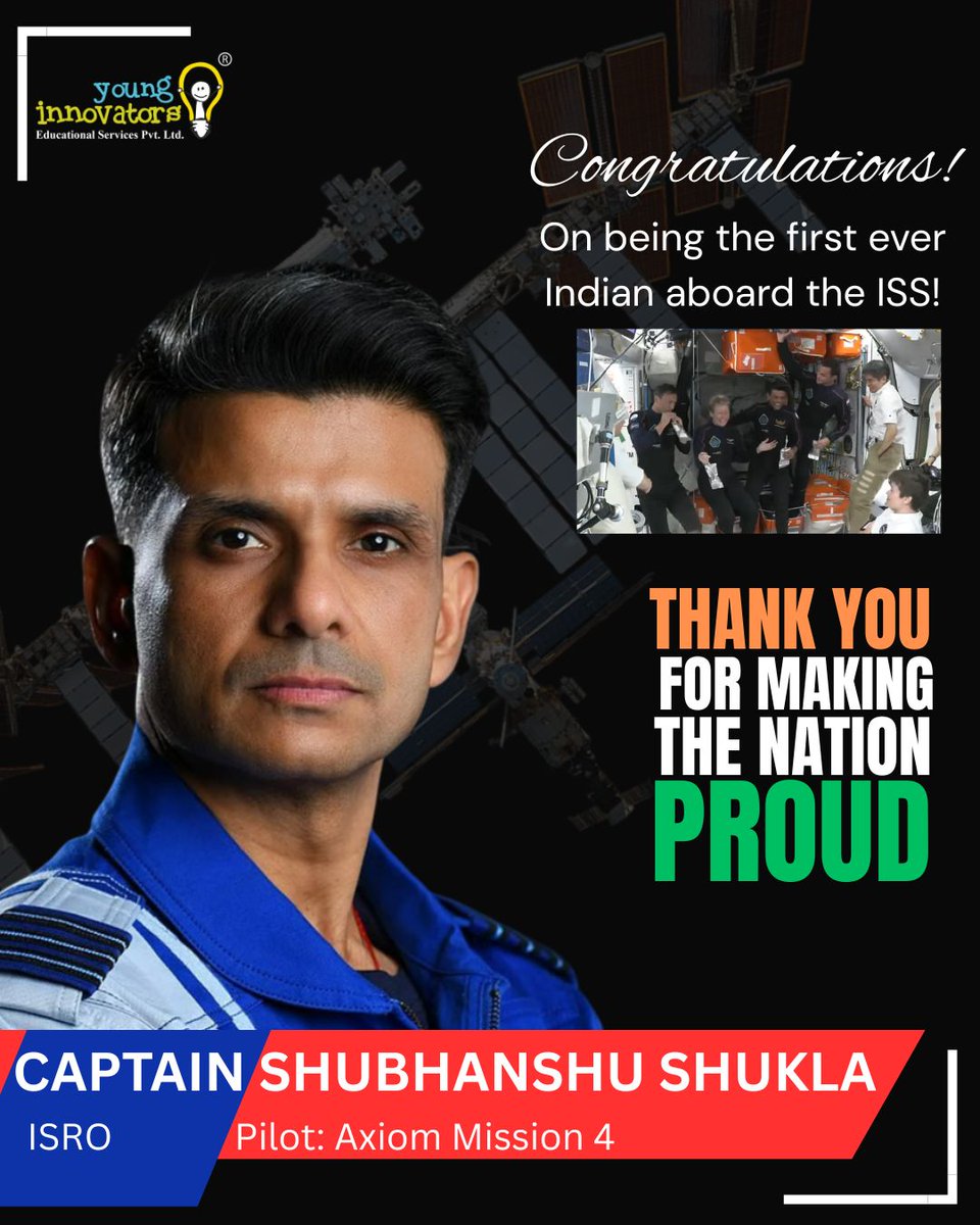Yi_edu's tweet photo. Proud moment as Capt. Shubhanshu Shukla becomes first Indian to board the @Space_Station. Congratulations to Crew Dragon Grace, @NASA @isro @esa and all the brilliant minds behind the Axiom 4 mission. India is back in space and we are here to stay! https://t.co/6jFeqI5rwl
