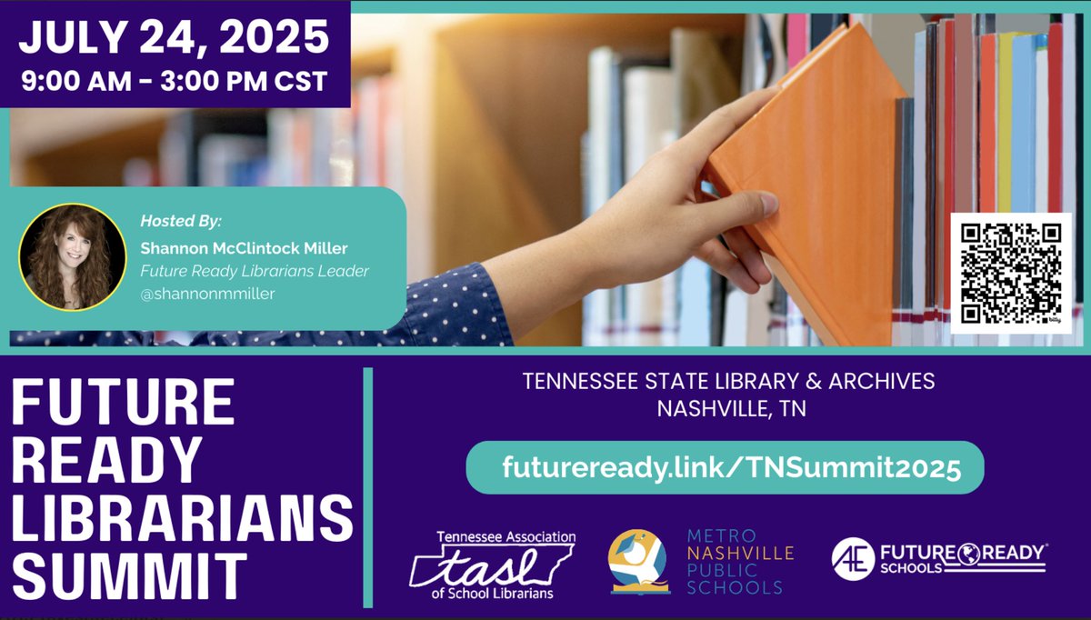 shannonmmiller's tweet image. The Future Ready Librarians Summit is coming to Nashville, Tennessee, on July 24th. Join us, friends.🥳
You can register for this FREE one-day event for all librarians here....buff.ly/n5MjJlA
Hope to see you there. It's going to be an awesome day together.❤️…