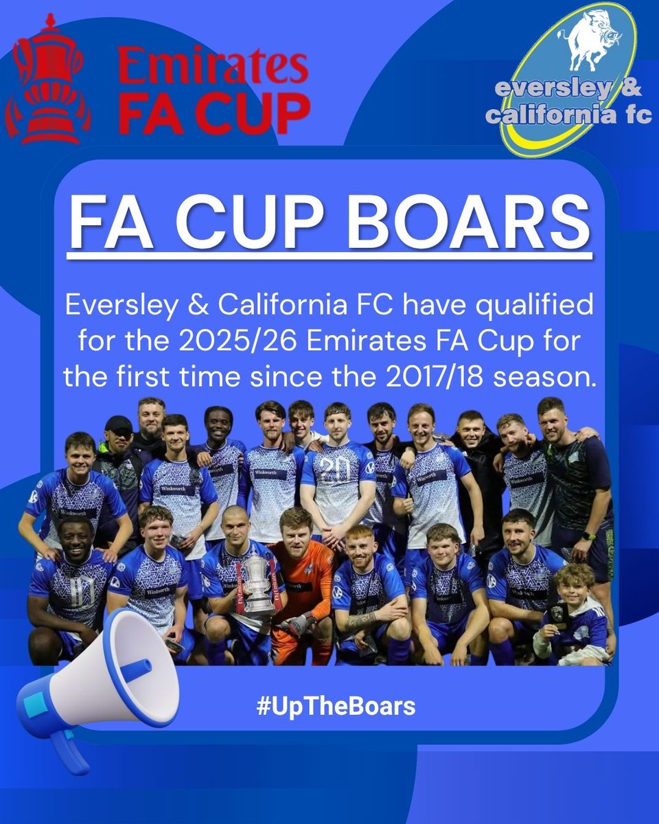 Eversley & California FC π (@eversleycalifc) on Twitter photo π
π πππ πππππ!! π
Ahead of our first season at Step 5, The Boars have qualified for the <a href="/EmiratesFACup/">Emirates FA Cup</a> for the first time in 8 years.
We will also participate in the Izuzu FA Vase. π
#UpTheBoars #EmiratesFACup #FACup π
π πππ πππππ!! π
Ahead of our first season at Step 5, The Boars have qualified for the <a href="/EmiratesFACup/">Emirates FA Cup</a> for the first time in 8 years.
We will also participate in the Izuzu FA Vase. π
#UpTheBoars #EmiratesFACup #FACup