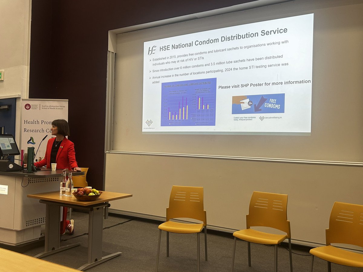 HsehealthW's tweet photo. Prof Fiona Lyons gives an overview of the National Condom Distribution Service as part of her presentation this afternoon at the #HPRC2025 #SexualHealthPromotion Conference in Galway this afternoon. https://t.co/Delxf5LFPp