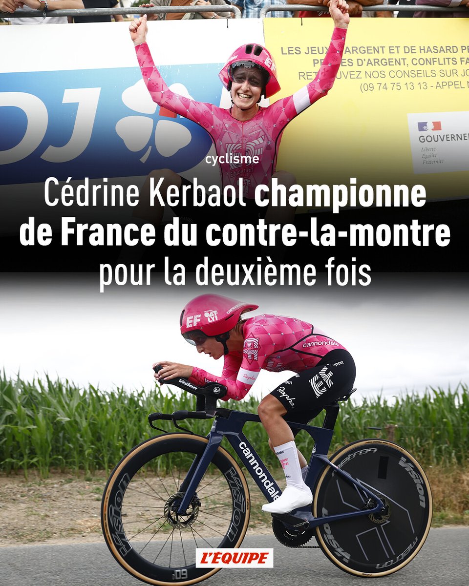 Cédrine Kerbaol a signé le meilleur temps du contre-la-montre aux Herbiers devant Juliette Labous. C'est le deuxième titre de championne de France de la discipline pour la Bretonne de 24 ans.

➡️ l.lequipe.fr/gFh