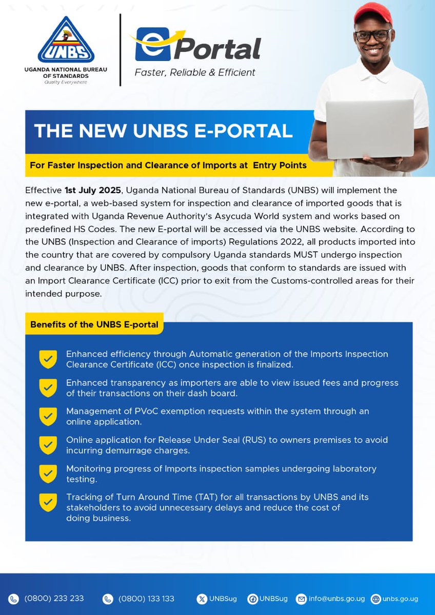 UNBS is set to launch a New E-Portal for faster inspection and Clearance of imports at entry points 

For more information, visit unbs.go.ug 

#FasterImportsInspection
#QualityEverywhere