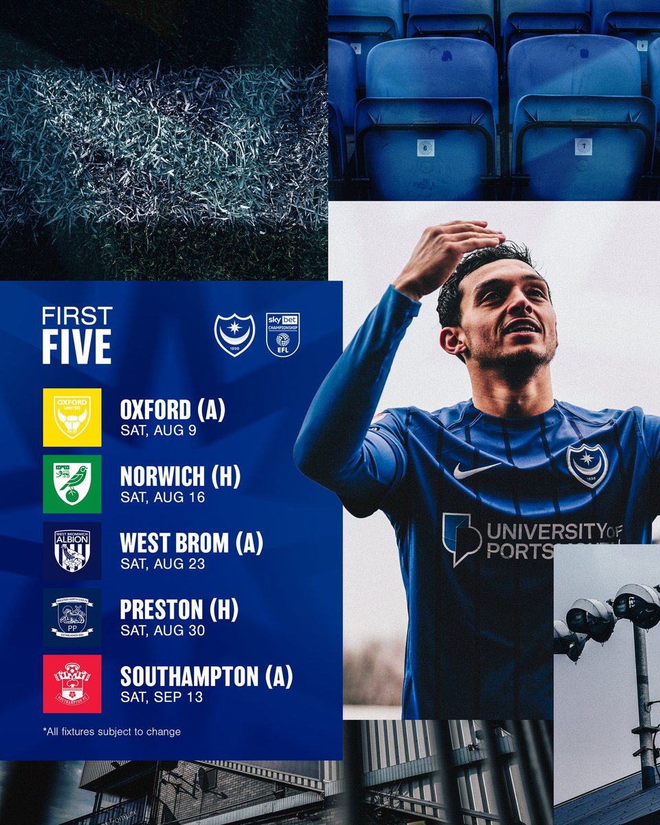 🗓️ C'est désormais OFFICIEL, voici nos 5 premiers matchs de la saison.

Déplacement à Oxford pour la 1ere journée.

#PlayUpPompey