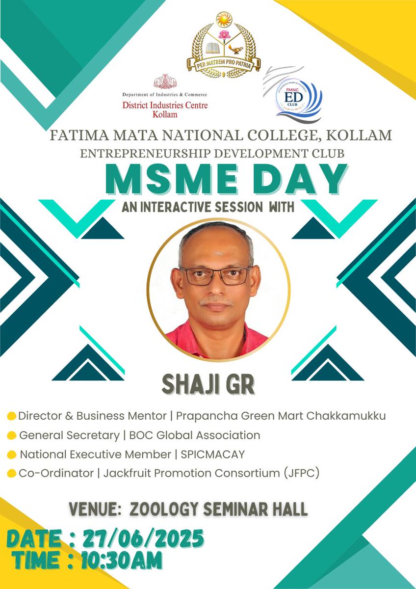 ShajiGR3's tweet photo. MSME Day program at Fathima Mata National College, Kollam https://t.co/WNNdylQhei