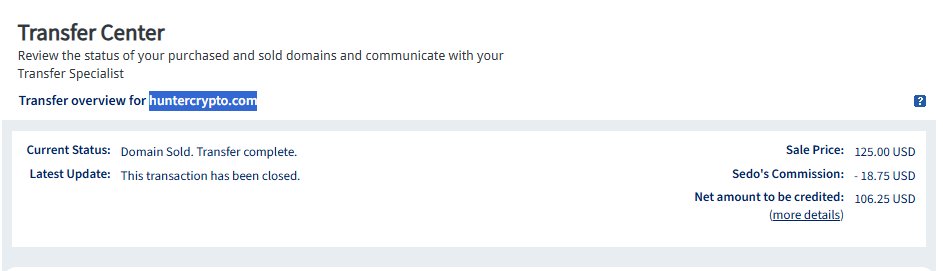 HunterCrypto .com SOLD
Thank you very much <a href="/Sedo/">Sedo</a> 

add in the comments 10 domains that you own.