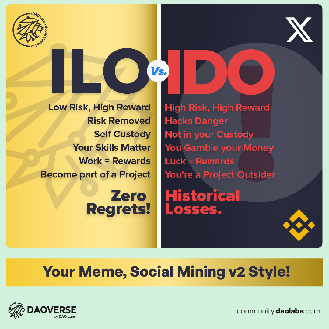 TheDAOLabs's tweet image. 👉 Social Mining V2 is the new thing, and here’s 2 tasks for you to Meme about the ILO Features.
👯 Complete, invite friends to engage -and engage with theirs- as fast as you can.
⏰Time is crucial: You lose money every hour you're inactive!
🔁 Head to your Dashboard and start…