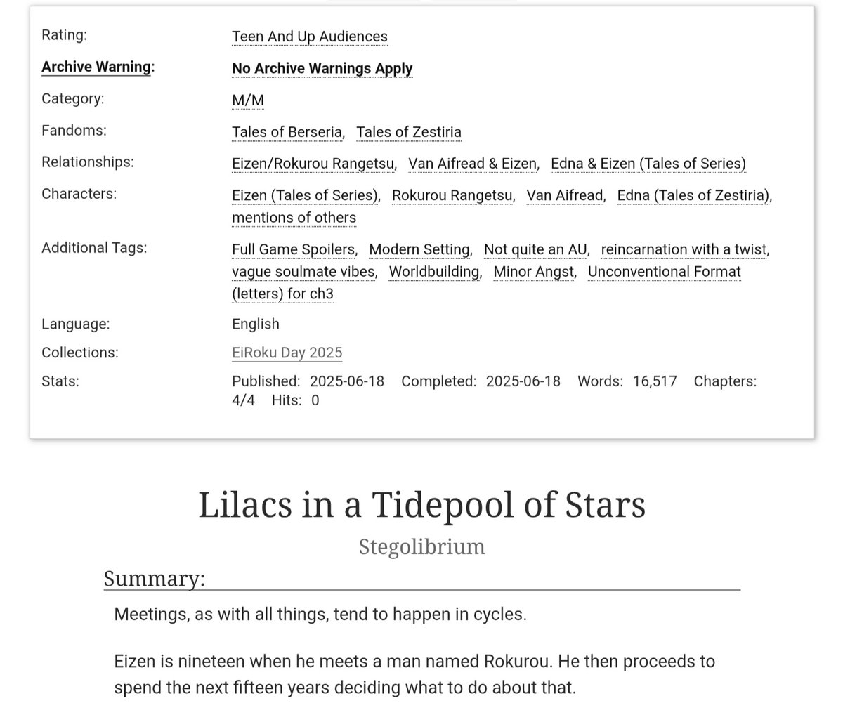 schmait's tweet photo. I actually managed to finish writing something this year, for an EiRoku day collection!  More lighthearted than my usual fare, with a little angst in the back half.  Mind the spoilers~

https://t.co/dkUk3hvoPW https://t.co/V7vgnPGLk1