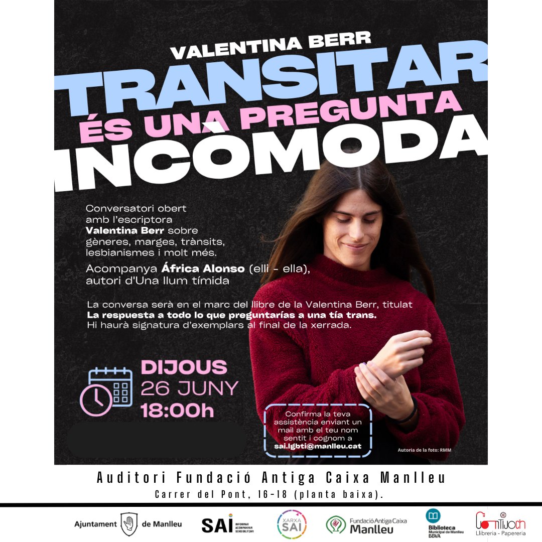 Biblioteca Manlleu (@bibliomanlleu) on Twitter photo 📅 Dijous 26 de juny de 2025
🕕 A les 18 h
📍 Auditori Fundació Antiga Caixa Manlleu
🌈<a href="/valentinaberr/">Valentina Berr</a> <a href="/aafricalonso/">Bea</a>
📖🖋️Al final hi haurà signatura d’exemplars!
📚Venta de llibres! @llibreriacontijoch
Organitza SAI Manlleu i <a href="/bibliomanlleu/">Biblioteca Manlleu</a> 📅 Dijous 26 de juny de 2025
🕕 A les 18 h
📍 Auditori Fundació Antiga Caixa Manlleu
🌈<a href="/valentinaberr/">Valentina Berr</a> <a href="/aafricalonso/">Bea</a>
📖🖋️Al final hi haurà signatura d’exemplars!
📚Venta de llibres! @llibreriacontijoch
Organitza SAI Manlleu i <a href="/bibliomanlleu/">Biblioteca Manlleu</a>