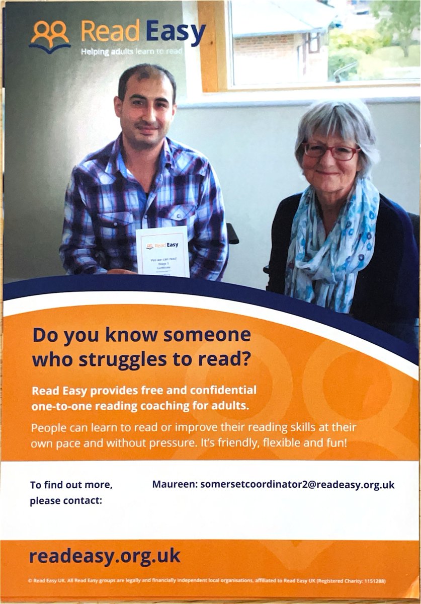 RCPA_Ltd's tweet photo. @ReadEasyUK  Read Easy Taunton and Wellington offers free one to one coaching for adults.
If you know of someone who would like to learn to read or someone who would like to offer coaching, please contact: somersetcoordinator2@readeasy.org.uk https://t.co/O3FBVnpYOx