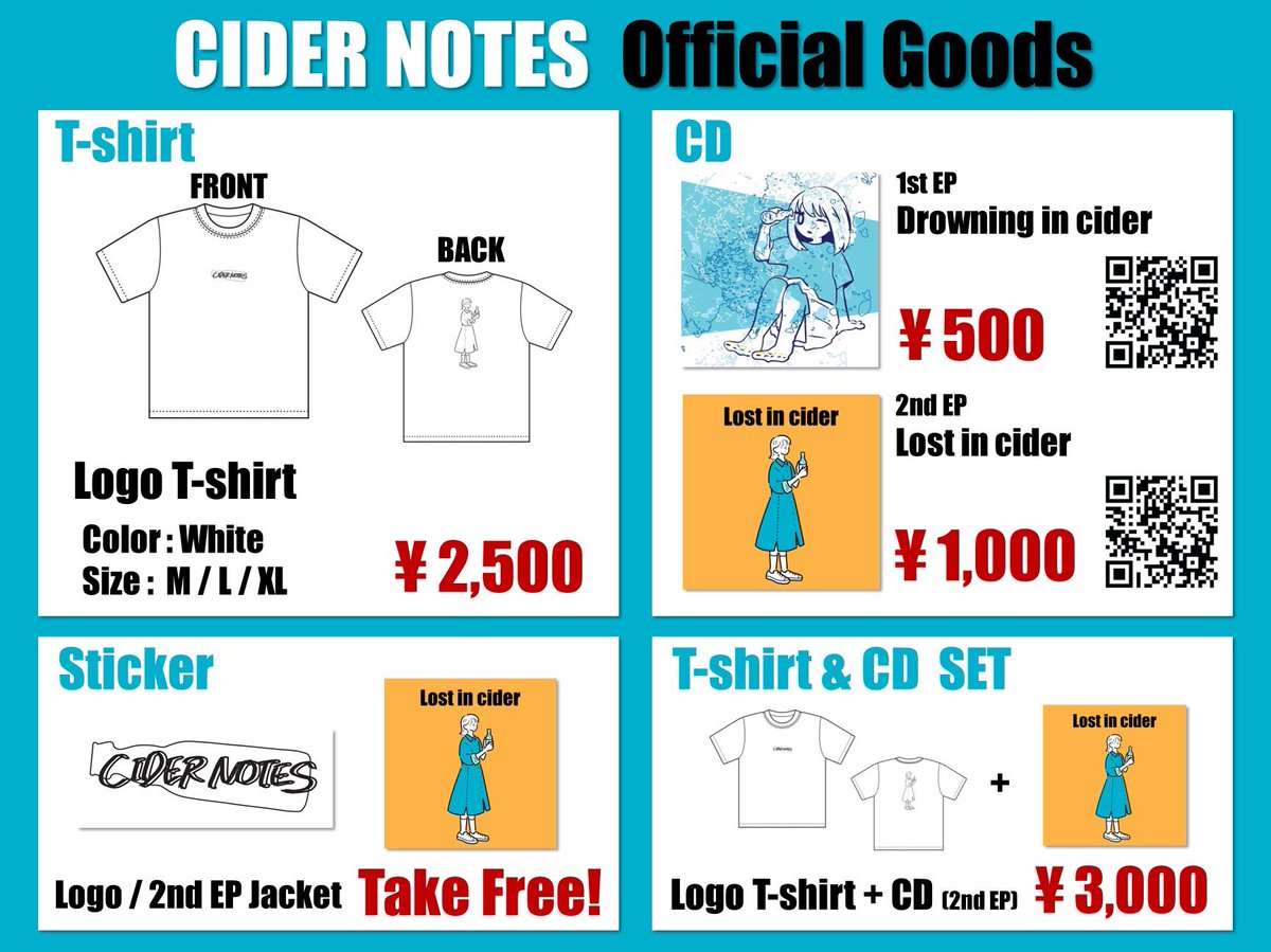 cider_notes's tweet photo. 👕グッズ発表👚

2ndEPのレコ発に合わせてTシャツとステッカー作りました！

今のところ通販予定はないので、是非会場にお越しください！ https://t.co/IeJin6BTgm