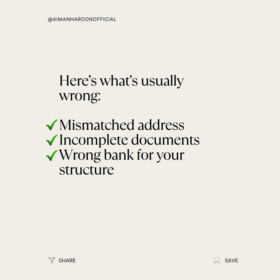 AIMANHAROONN's tweet image. Bank account denied?
 3 silent killers block founders from getting approved, especially non-residents.
Here’s how to fix them fast.
 #BankingDenied #WiseAccount #LLCTips #StartupSupport #BusinessFixes #DigitalBusiness #EntrepreneurTips #BusinessSolutionDesigner