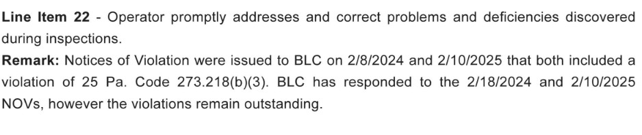 Notes from the 6/3/25 DEP inspector's report show violations (related to air pollution &amp; fugitive emissions) outstanding from Feb 2024 &amp; Feb 2025. Because the deficiencies haven't been promptly corrected, Bethlehem Landfill is also not in compliance with 25 PA Code 273.218(b)(3).
