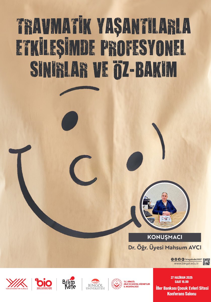 “Travmatik Yaşantılarla Etkileşimde Profesyonel Sınırlar ve Öz-Bakım” başlıklı konferansımla sizlerle olacağım. Psikolojik destek sunanların, hem bireysel sağlığını koruyarak hem de hizmet sunduğu bireylere daha etkili yaklaşabilmesinin ele alınması önemlidir, herkes davetlidir.