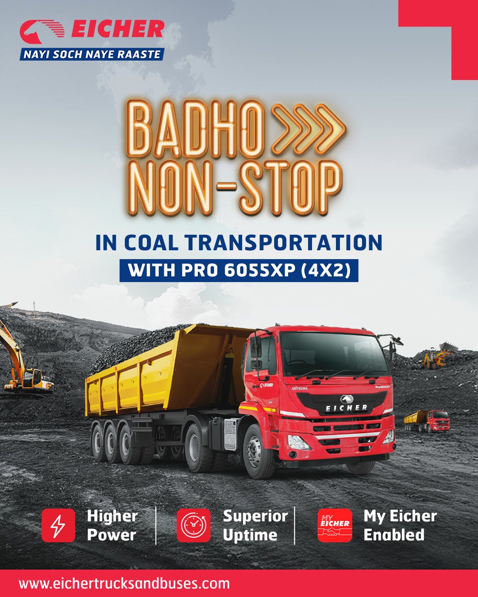 ETBIndia's tweet photo. Powering through the demanding coal routes! 🚚
With higher power, superior uptime, and My Eicher-enabled smart support, the Eicher Pro 6055XP (4x2) is built to keep your coal transportation going strong.
#BadhoNonStop
#EicherPro6055XP #CoalTransportation #HeavyDutyTrucks https://t.co/2weJJJBD8X