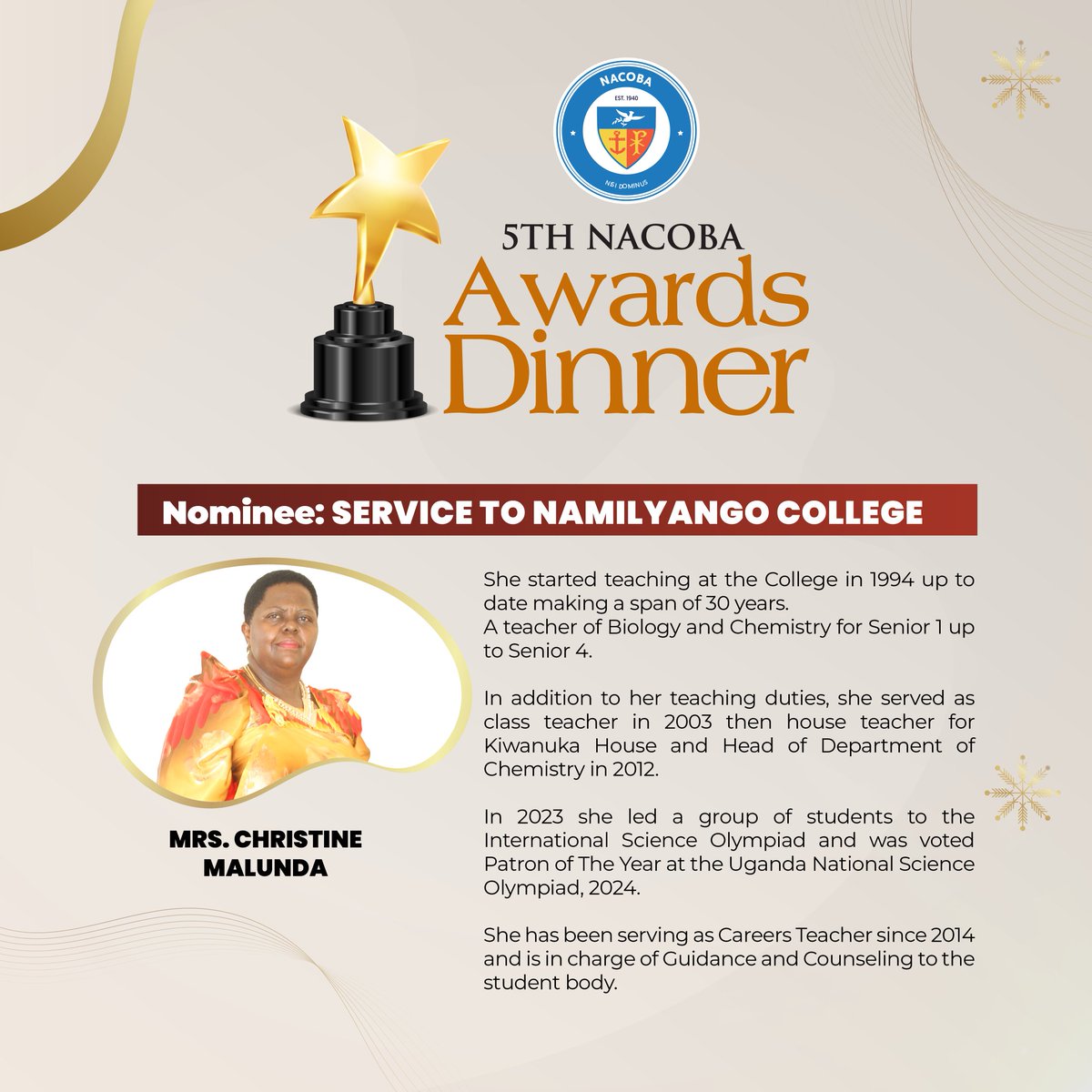 <a href="/ngonians/">NACOBA</a> the nominees for service to <a href="/Ngo_College1902/">Namilyango College</a> 👇👇👇
The voting link will be shared on Saturday after all nominees have been profiled.🥳🎉
#nisidominus #awardsdinner