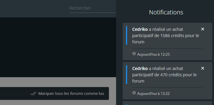Pour les forums #Forumactif : nous avons mis en place des notifications quand un membre réalise un achat participatif (don de crédits) pour soutenir le forum et l'aider à s'améliorer. Ainsi, les admins sont prévenus sans avoir à regarder dans le panneau d'administration 😁