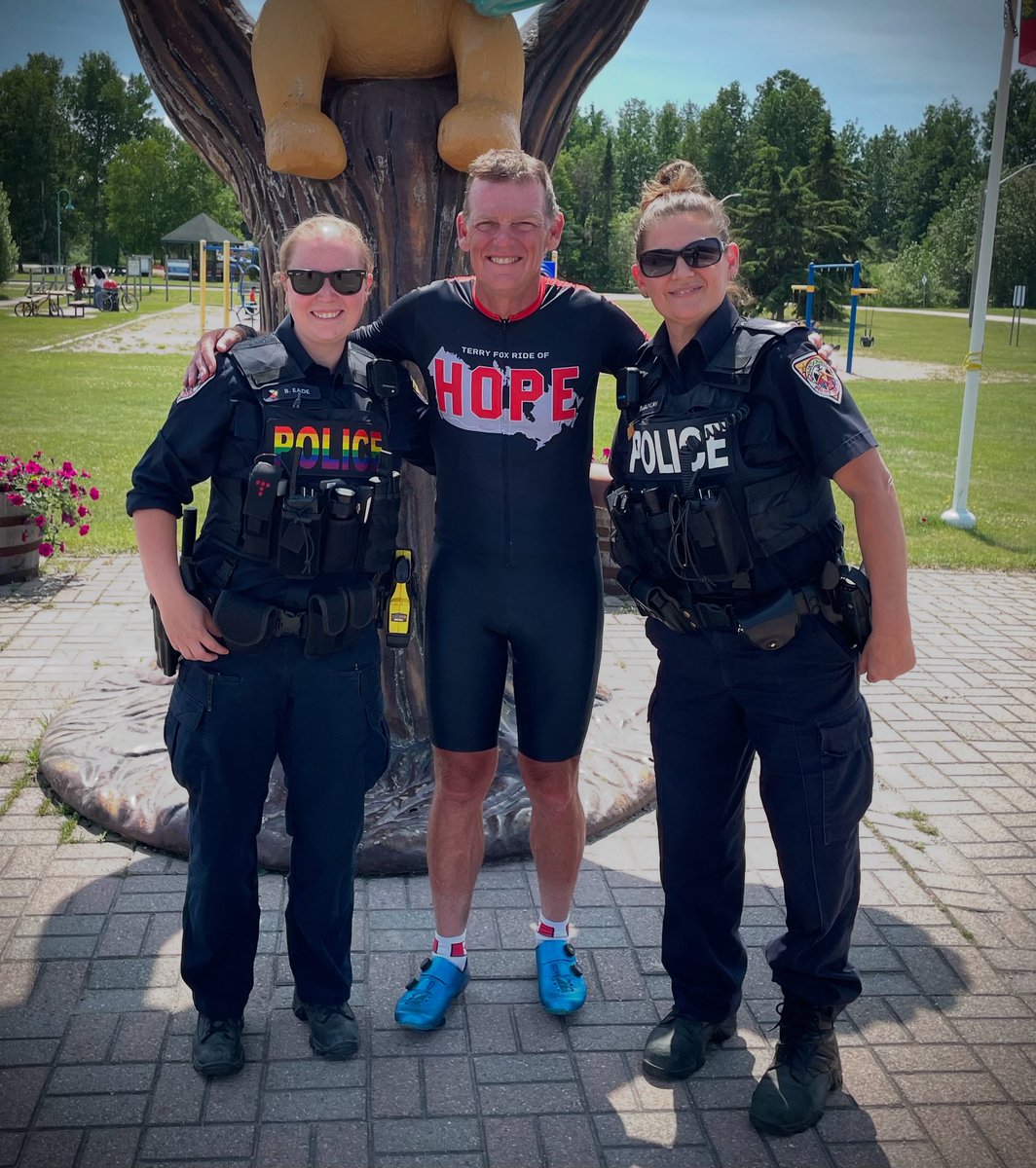 Marking the 45th anniversary of the Terry Fox Marathon of Hope, Terry’s brother Darrell arrived in White River yesterday. 

Our very own Cst. Eade and Sgt. Duncan were there to greet him. 

Darrell has travelled on bicycle all the way from British Columbia to honour his brother.