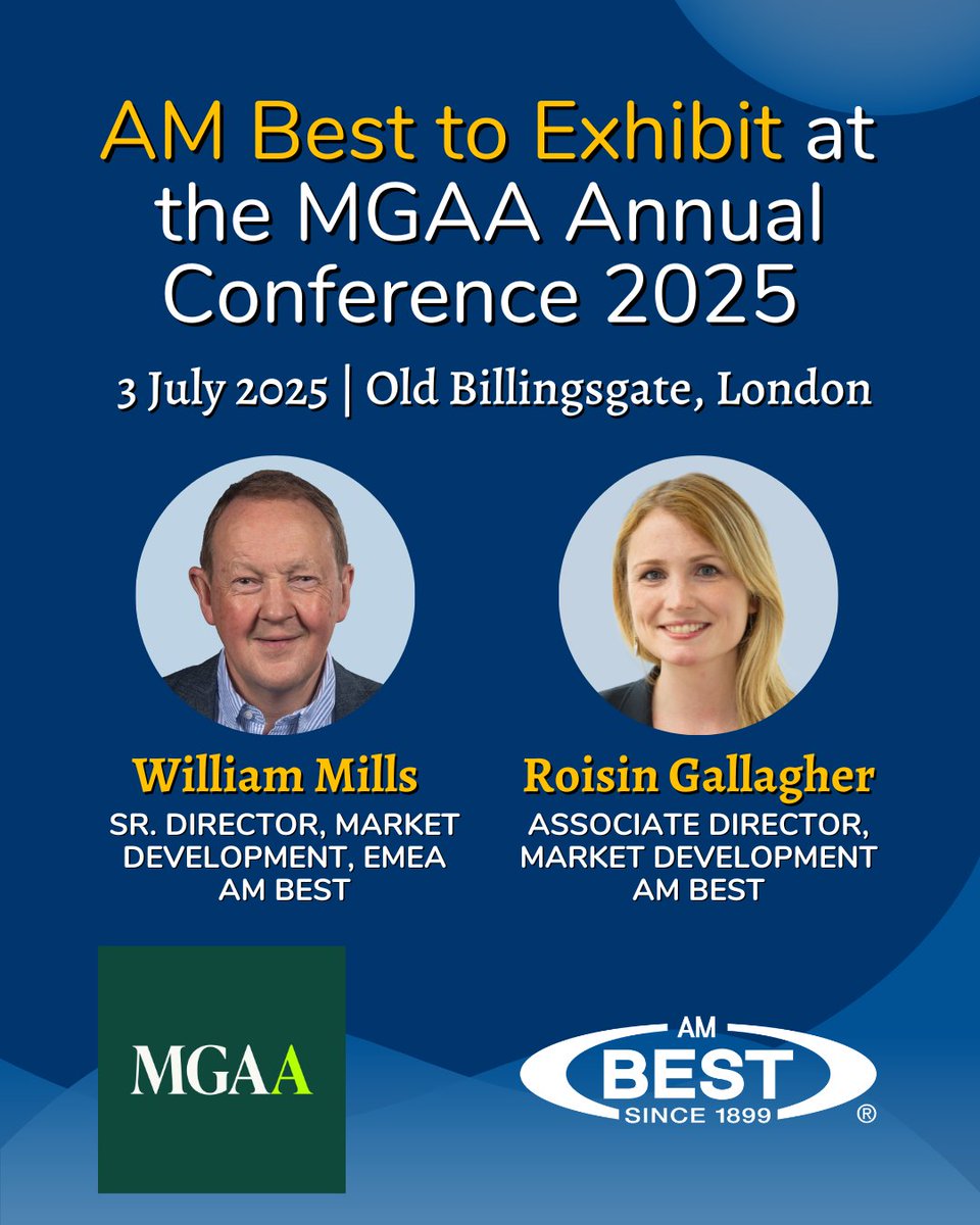 Read: bit.ly/4lvaJ2J
AM Best will exhibit at the MGAA’s annual conference in London. AM Best will be available to discuss its PA for #DUAE. Delegates interested in meeting with AM Best to understand more can schedule a meeting.
#insurance #MGA #PAforDUAEs #AMBestDUAEs