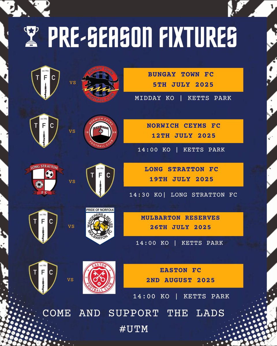 Tacolneston FC (@tacolnestonfc) on Twitter photo Thank you to <a href="/BungayTownFC/">Bungay Town FC</a> who have agreed to play us on the 5th July at Ketts Park. 🤝
Now back to pre-season training planning!
#UTM Thank you to <a href="/BungayTownFC/">Bungay Town FC</a> who have agreed to play us on the 5th July at Ketts Park. 🤝
Now back to pre-season training planning!
#UTM