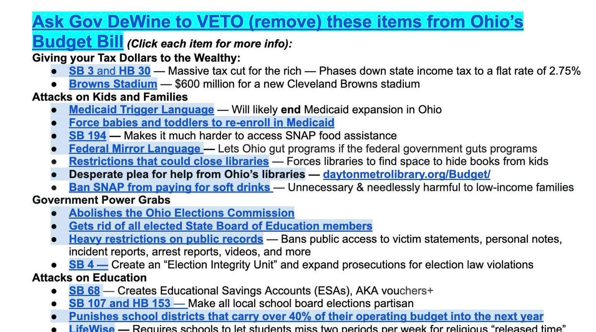 RachelCoyleOhio's tweet photo. 🚨🚨THIS IS A CRUCIAL DAY FOR #OHIO

Here's a list of dangerous budget items Governor DeWine should veto: https://t.co/j4JkxYyhhB

Here's a contact sheet for his office: https://t.co/t5qsgvShs6

Pick a few items that make you the angriest, and ask the governor to VETO them! https://t.co/85Y6zlKhDm