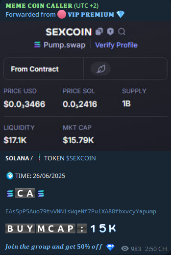 dolphincalled's tweet photo. 🪙 𝗦𝗢𝗟𝗔𝗡𝗔
#AURA #TOOFY #OBVIOUS #SNIBBU #ZENAI #YOU #OPAIUM #ROBOTAXI #XCHAT #NOBODY #GIGAMASK

TIME: 26/6/2025

#SEXCOIN
CA: EAs5pP5Auo79tvVNN1sWqeNf7Pu1XA88fbxvcyYapump

𝐂𝐀𝐋𝐋 15𝐊📈𝐇𝐈𝐓 613K

WIN 40.8X

FOLLOW TG: https://t.co/PTkIzpFb6Y
#Solana #memecoins https://t.co/gaNdNzlupb