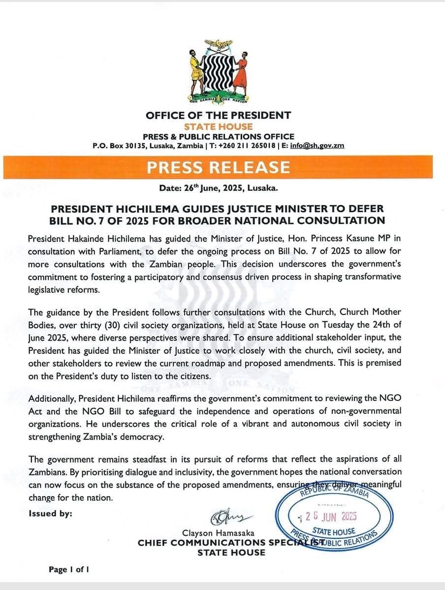 JUST IN: PRESIDENT HAKAINDE HICHILEMA GUIDES JUSTICE MINISTER TO DEFER BILL NO.7 OF 2025 FOR BROADER NATIONAL CONSULTATION #Zambia