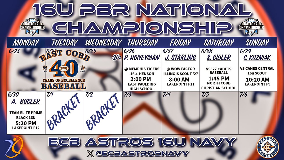 ECB Astros Navy/Frye ⚾️ (@ecbastrosnavy) on Twitter photo 16u Astros Navy start the PBR National Championship today.
Starting Rotation for the week:
Game 1: <a href="/HoneymanPa20647/">Patrick.honeyman</a>
Game 2: <a href="/jstarling219/">Jackson Starling</a>
Game 3: <a href="/SamGibler/">Sam Gibler</a>
Game 4: <a href="/christopherkuz_/">Christopher Kuzniak</a>
Game 5: Aidan Bugler
Roster
tournaments.prepbaseballreport.com/events/16u-nat…
• Follow each game on AGL
• DM for 16u Astros Navy start the PBR National Championship today.
Starting Rotation for the week:
Game 1: <a href="/HoneymanPa20647/">Patrick.honeyman</a>
Game 2: <a href="/jstarling219/">Jackson Starling</a>
Game 3: <a href="/SamGibler/">Sam Gibler</a>
Game 4: <a href="/christopherkuz_/">Christopher Kuzniak</a>
Game 5: Aidan Bugler
Roster
tournaments.prepbaseballreport.com/events/16u-nat…
• Follow each game on AGL
• DM for