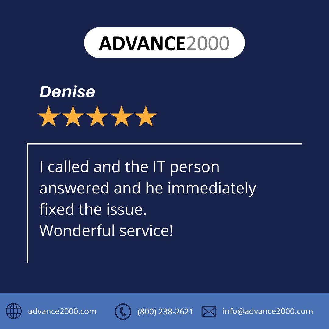 Quick fix. Happy customer. That’s how we do IT.

That’s the Advance2000 difference!
.
.
.
#Advance2000 #HappyCustomer #WonderfulCustomerService